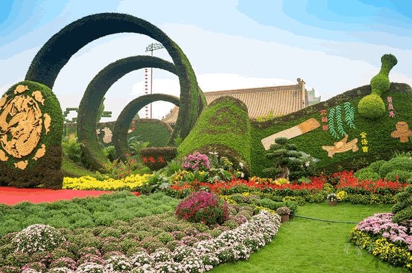 景区五色草立体花坛造型景观优美引游客点赞